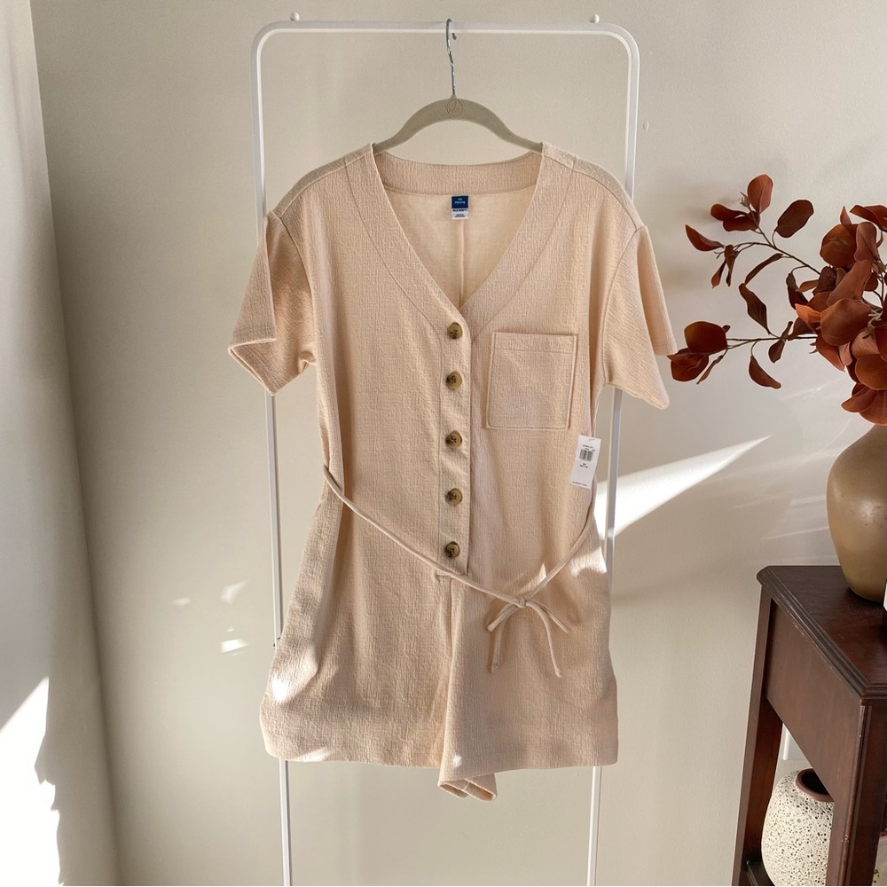 Old Navy oatmeal button up belted romper